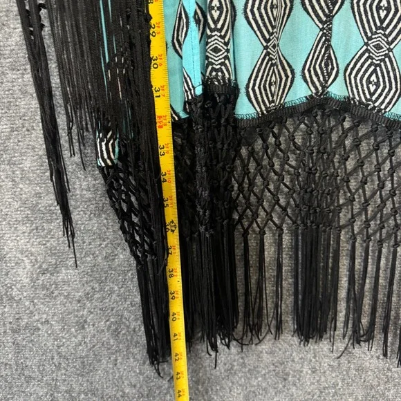 Democracy Kimono Cardigan Women XL Turquoise Black Diamond Pattern Fringe Boho - Picture 4 of 8